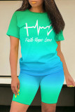 Green Blue Casual Daily Gradient Print Letter Print Contrast O Neck Short Sleeve Two Pieces