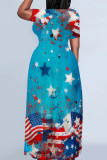 Blue Red Casual Print Patchwork O Neck Straight Dresses