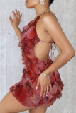 Red Sexy Print Backless Strap Design Patchwork Ruffled Trim O Neck Wrapped Skirt Dresses