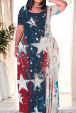 Blue Red Casual Print Patchwork O Neck Straight Dresses