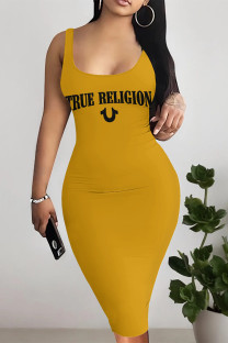 Yellow Casual Letter Print U Neck Wrapped Skirt Dresses