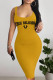 Yellow Casual Letter Print U Neck Wrapped Skirt Dresses