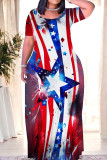 Blue Red Casual Print Patchwork O Neck Straight Dresses