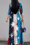 Blue Red Casual Print Strap Design Patchwork V Neck Long Dresses