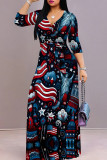 Blue Red Casual Print Strap Design Patchwork V Neck Long Dresses