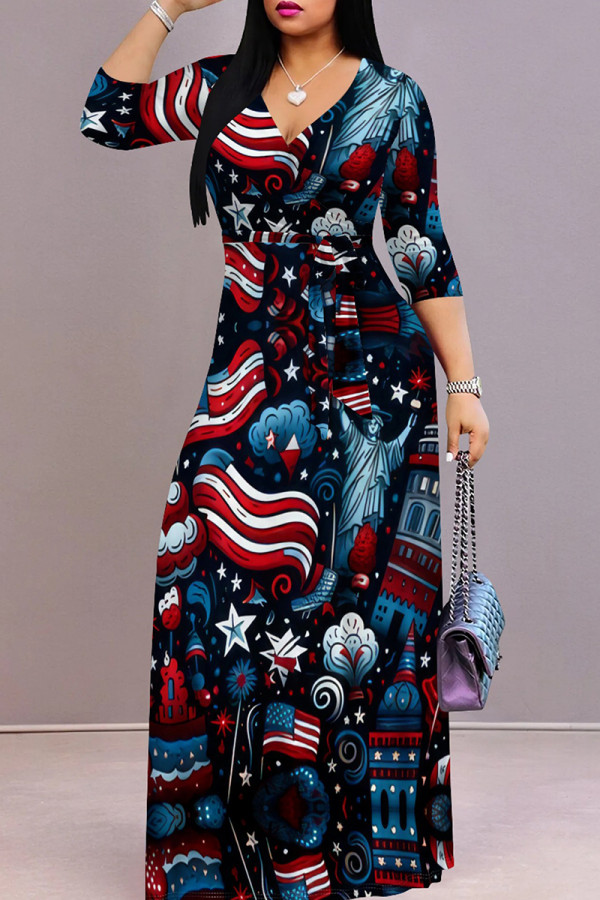 Blue Black Casual Print Strap Design Patchwork V Neck Long Dresses