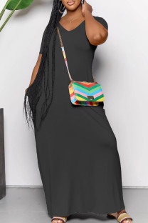 Dark Gray Casual Solid Color Pocket Patchwork V Neck Long Dresses