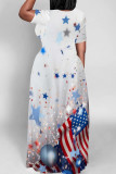 Blue Red Casual Print Patchwork O Neck Straight Dresses