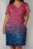 Red Blue Casual Daily Gradient Print Pocket Sequined V Neck Printed Plus Size Dresses