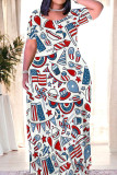 Blue Red Casual Print Patchwork O Neck Straight Dresses