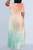 Orange Green Casual Street Gradient Print Letter Print O Neck Printed Dresses