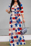 Blue Red Casual Print Strap Design Patchwork V Neck Long Dresses