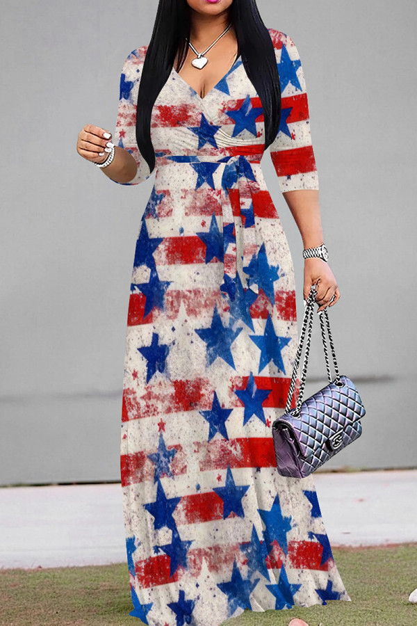 White Blue Casual Print Strap Design Patchwork V Neck Long Dresses