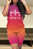 Green Blue Casual Daily Gradient Print Letter Print Contrast O Neck Short Sleeve Two Pieces