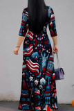 Blue Red Casual Print Strap Design Patchwork V Neck Long Dresses