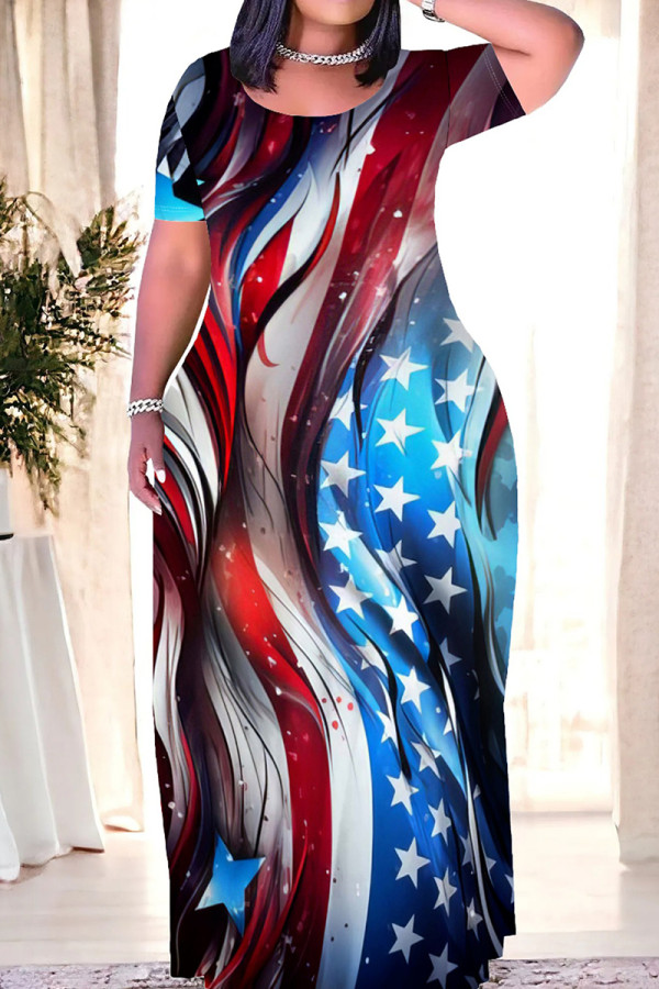 Red Blue Casual Print Patchwork O Neck Straight Dresses