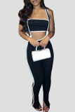 Blue Sweet Patchwork Slit Strapless Sleeveless Two Pieces