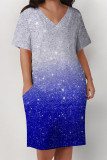 White Blue Casual Daily Gradient Print Pocket Sequined V Neck Printed Plus Size Dresses