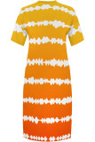 Orange Casual Street Striped Print Pocket Contrast V Neck Printed Plus Size Dresses