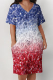 Red Blue Casual Daily Gradient Print Pocket Sequined V Neck Printed Plus Size Dresses
