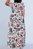 Blue Red Casual Print Patchwork O Neck Straight Dresses