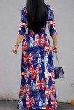 Blue Red Casual Print Strap Design Patchwork V Neck Long Dresses