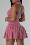 Light Pink Sexy Solid Color Buckle Ruched Patchwork U Neck A Line Dresses