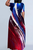 Blue Red Casual Print Patchwork O Neck Straight Dresses