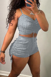Blue Casual Solid Color Draw String Backless Ruched Patchwork Spaghetti Strap Sleeveless Two Pieces