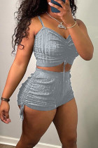 Grey Casual Solid Color Draw String Backless Ruched Patchwork Spaghetti Strap Sleeveless Two Pieces