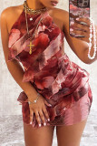 Red Sexy Print Backless Strap Design Patchwork Ruffled Trim O Neck Wrapped Skirt Dresses