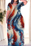 Blue Red Casual Print Patchwork O Neck Straight Dresses