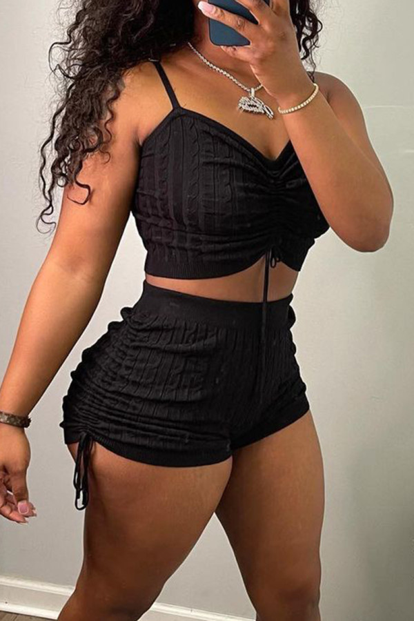 Black Casual Solid Color Draw String Backless Ruched Patchwork Spaghetti Strap Sleeveless Two Pieces