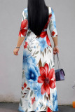 Blue Red Casual Print Strap Design Patchwork V Neck Long Dresses