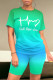 Green Blue Casual Daily Gradient Print Letter Print Contrast O Neck Short Sleeve Two Pieces