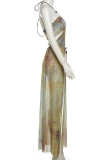 Green Street Hollow Out High Slit Patchwork Halter Long Dresses