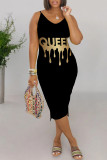 Black Gold Casual Daily Leopard Print Letter Print V Neck Sling Dresses