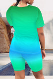 Green Blue Casual Daily Gradient Print Letter Print Contrast O Neck Short Sleeve Two Pieces