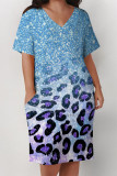 Light Blue Casual Daily Gradient Print Pocket Sequined V Neck Printed Plus Size Dresses
