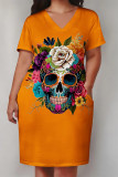Orange Casual Street Skull Letter Print Pocket V Neck Printed Plus Size Dresses