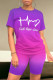 Rose Red Casual Daily Gradient Print Letter Print Contrast O Neck Short Sleeve Two Pieces