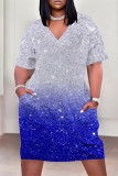 Blue White Casual Daily Gradient Print Pocket Sequined V Neck Printed Plus Size Dresses