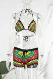 Pink Sexy Patchwork Bandage Backless Contrast Swimwears