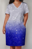 White Blue Casual Daily Gradient Print Pocket Sequined V Neck Printed Plus Size Dresses