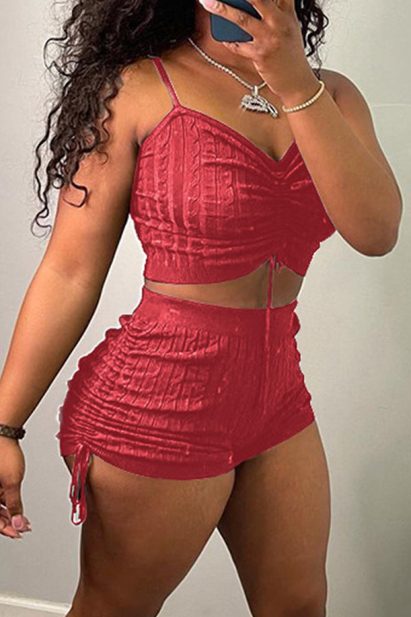 Red Casual Solid Color Draw String Backless Ruched Patchwork Spaghetti Strap Sleeveless Two Pieces