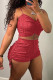 Red Casual Solid Color Draw String Backless Ruched Patchwork Spaghetti Strap Sleeveless Two Pieces
