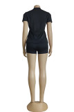 Black Casual Daily Letter Print Embroidered O Neck Short Sleeve Two Pieces