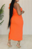 Orange Casual Solid Backless Slit Oblique Collar Sleeveless Two Pieces