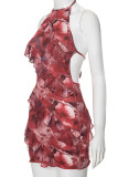 Red Sexy Print Backless Strap Design Patchwork Ruffled Trim O Neck Wrapped Skirt Dresses