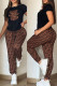 Black Brown Casual Letter Print Embroidered O Neck Short Sleeve Two Pieces